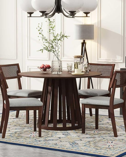 NicBex Dining Table for 4 Kitchen & Dining Room Tables 5-Piece Retro Dining Set with 1 Round Dining Table and 4 Upholstered Chairs with Rattan Backrests for Dining Room and Kitchen, Walnut - LeafyLoom