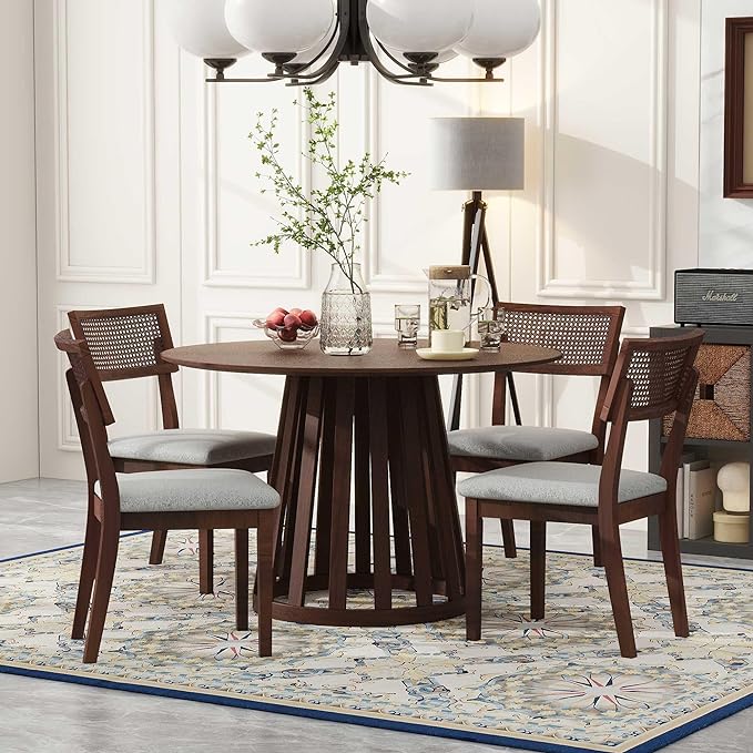 NicBex Dining Table for 4 Kitchen & Dining Room Tables 5-Piece Retro Dining Set with 1 Round Dining Table and 4 Upholstered Chairs with Rattan Backrests for Dining Room and Kitchen, Walnut - LeafyLoom