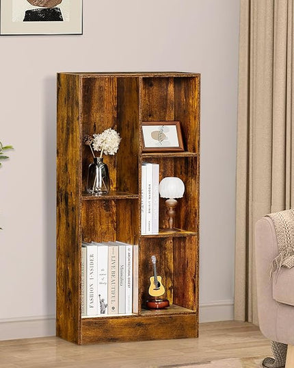 LEYAOYAO 5 Cube Mid-Century Modern Brown Wood Bookcase, 3 Tier Storage Organizer Shelf, Rustic Display Cabinet for Bedroom, Living Room, Office - LeafyLoom