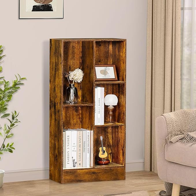 LEYAOYAO 5 Cube Mid-Century Modern Brown Wood Bookcase, 3 Tier Storage Organizer Shelf, Rustic Display Cabinet for Bedroom, Living Room, Office - LeafyLoom