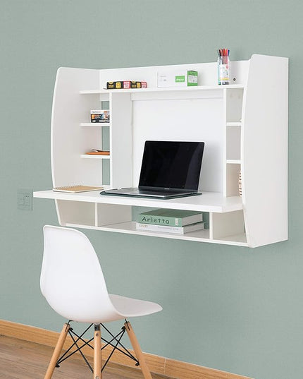 Wall Mount Laptop Office Desk with Shelves, White, - LeafyLoom
