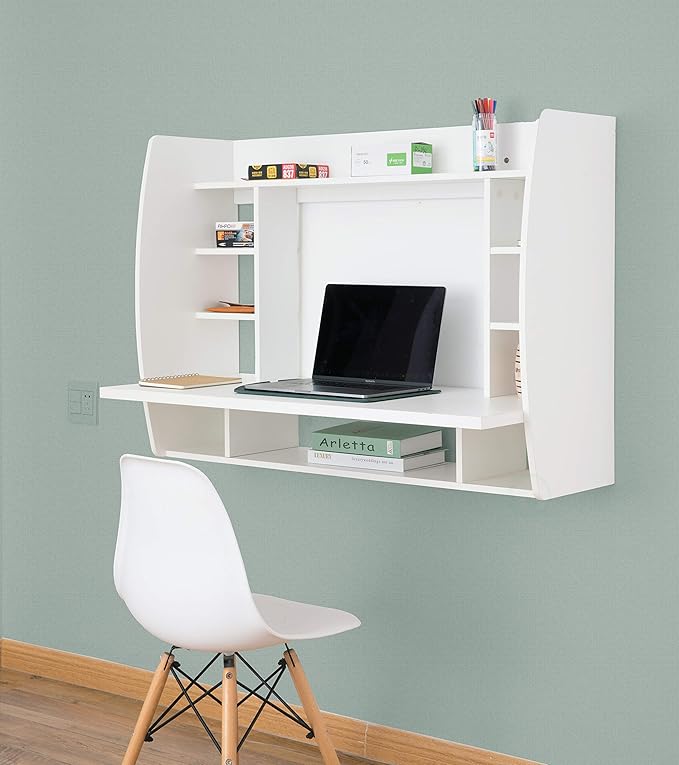 Wall Mount Laptop Office Desk with Shelves, White, - LeafyLoom