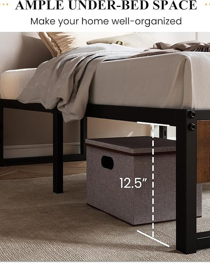SHA CERLIN 14'' Twin Size Metal Platform Bed Frame with Rustic Wood & Reverse Holes/Ample Under-Bed Storage Space/Mattress Foundation/No Box Spring Needed/Easy Assembly - LeafyLoom