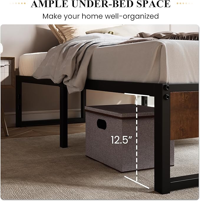 SHA CERLIN 14'' Twin Size Metal Platform Bed Frame with Rustic Wood & Reverse Holes/Ample Under-Bed Storage Space/Mattress Foundation/No Box Spring Needed/Easy Assembly - LeafyLoom