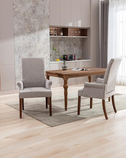 Dining Room Chairs with Arms，Tufted Upholstered High Back Nailed Trim with Untique Oak Wood Legs for Kitchen Restaurant Room Bedroom (Light Gray, SingleA) - LeafyLoom