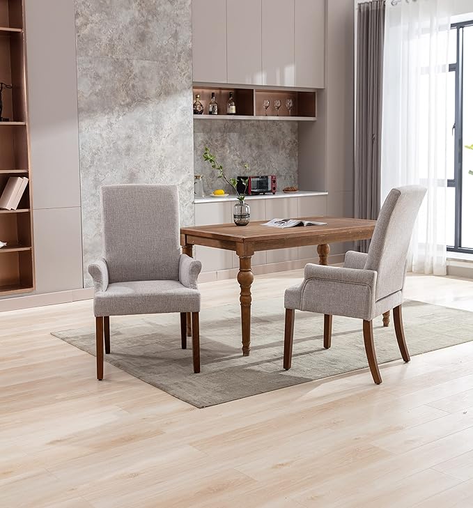 Dining Room Chairs with Arms，Tufted Upholstered High Back Nailed Trim with Untique Oak Wood Legs for Kitchen Restaurant Room Bedroom (Light Gray, SingleA) - LeafyLoom