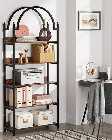 Tribesigns 5-shelf Arched Bookcase, Industrial Metal Etagere Open Bookshelf, Rustic Wood Shelf with Black Metal Frame,72 Inches Tall(1, Brown+Black) - LeafyLoom