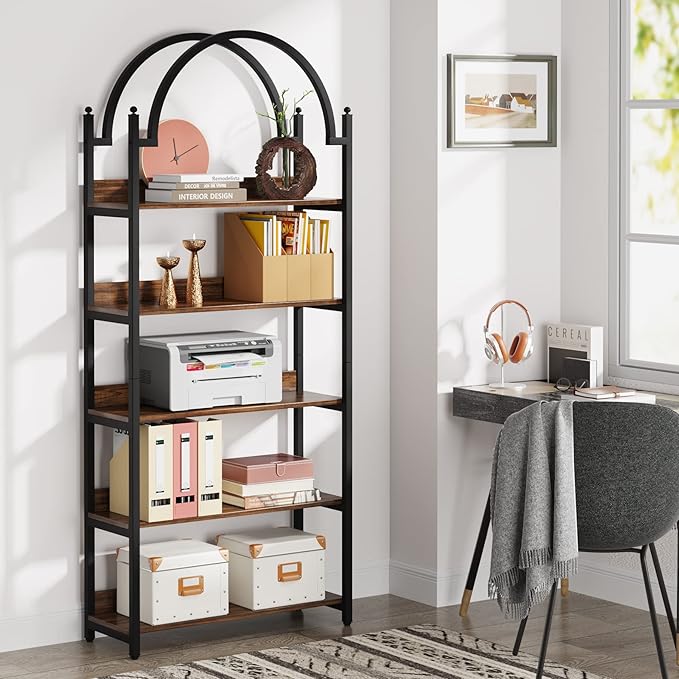 Tribesigns 5-shelf Arched Bookcase, Industrial Metal Etagere Open Bookshelf, Rustic Wood Shelf with Black Metal Frame,72 Inches Tall(1, Brown+Black) - LeafyLoom