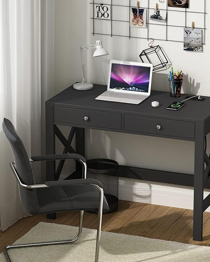 ChooChoo Computer Desk with USB Charging Ports and Power Outlets, 39" Black Desk with Drawers, Small Study Writing Table with Stable X Frame for Home Office - LeafyLoom