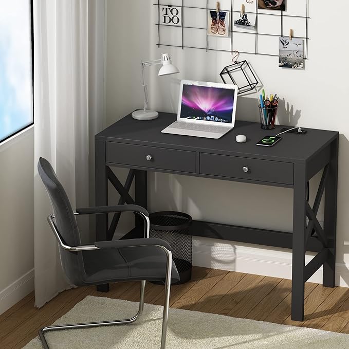 ChooChoo Computer Desk with USB Charging Ports and Power Outlets, 39" Black Desk with Drawers, Small Study Writing Table with Stable X Frame for Home Office - LeafyLoom