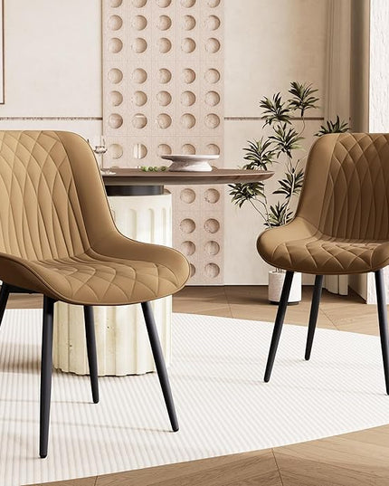 YOUNIKE Tan Dining Chairs set of 2 with High Backs Mid Century Modern Kitchen & Dining Room Chairs PU Faux Leather Upholstered sillas de comedor Comfortable Large Padded Accent Chairs with Metal Legs - LeafyLoom