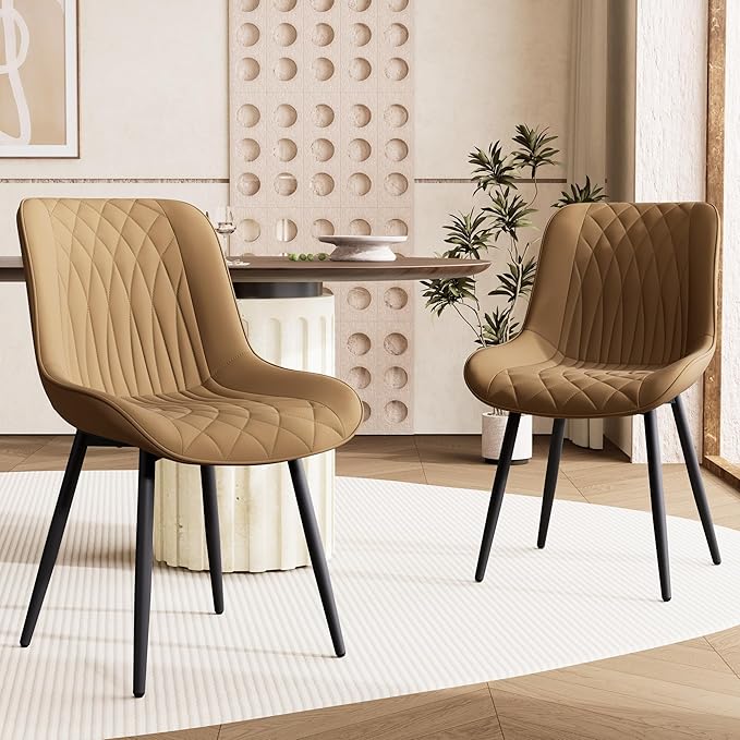 YOUNIKE Tan Dining Chairs set of 2 with High Backs Mid Century Modern Kitchen & Dining Room Chairs PU Faux Leather Upholstered sillas de comedor Comfortable Large Padded Accent Chairs with Metal Legs - LeafyLoom