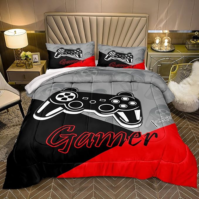 Gaming Comforter for Boys Teen Game Contoller Bedding Set for Kids Down Alternative Comforter for All Season Gamer Home Decor for Comforter Set Full,1 Comforter with 2 Pillowcases - LeafyLoom