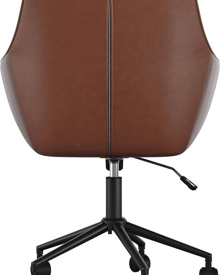 Martha Stewart Rayna Swivel Task Chair with Flared Arms for Home Office in Saddle Brown Faux Leather with Oil Rubbed Bronze Frame - LeafyLoom