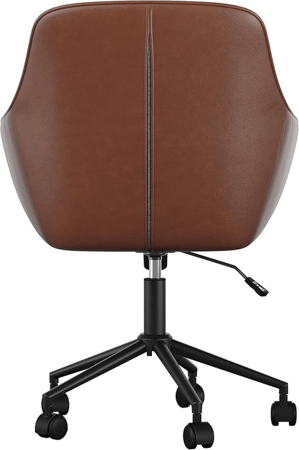 Martha Stewart Rayna Swivel Task Chair with Flared Arms for Home Office in Saddle Brown Faux Leather with Oil Rubbed Bronze Frame - LeafyLoom
