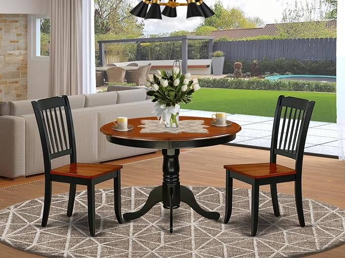 East West Furniture HLDA3-BCH-W 3 Piece Kitchen Table Set for Small Spaces Contains a Round Dining Room Table with Pedestal and 2 Dining Chairs, 42x42 Inch, Black & Cherry - LeafyLoom