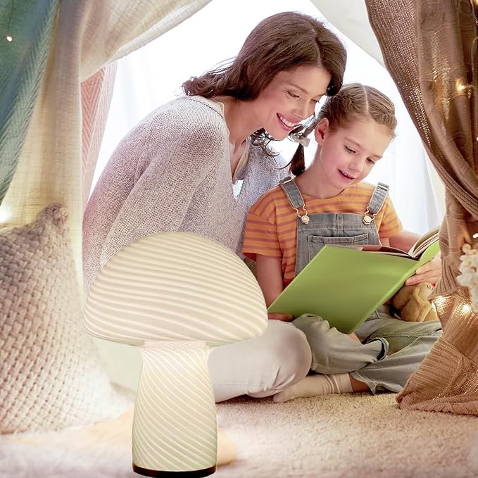 Mushroom Lamp,Glass Table Bedside Lamps,Translucent Vintage Style Striped Small Night Mushroom Decor Light for Ambient,Kids,Bedroom,Living,Gift (Stripe White) - LeafyLoom