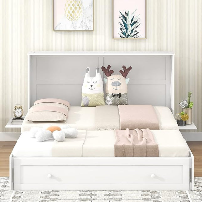Murphy Cabinet Bed Queen Size with Drawer and Little Shelves on Each Side, can be Foldable/Space Saving, Wooden Low Bedframe for Bedroom/Apartment, White - LeafyLoom