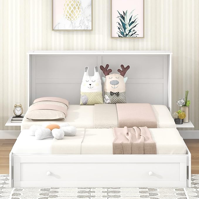 Murphy Cabinet Bed Queen Size with Drawer and Little Shelves on Each Side, can be Foldable/Space Saving, Wooden Low Bedframe for Bedroom/Apartment, White - LeafyLoom