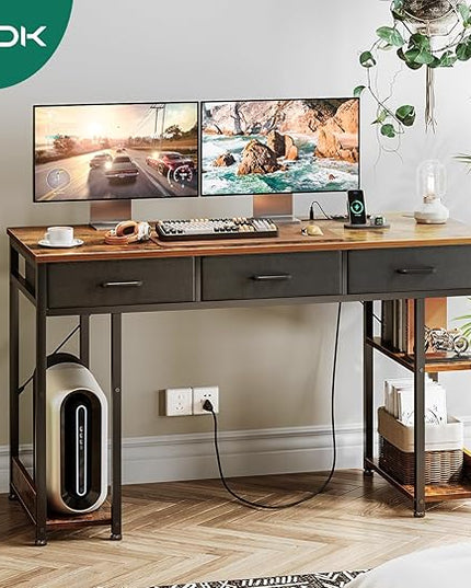 AODK 48 Inch Office Desk with Fabric Drawers & Power Outlets, Computer Desk with Storage Shelves & CPU Stand, Writing Study Table, Small Desk for Bedroom, Vintage - LeafyLoom