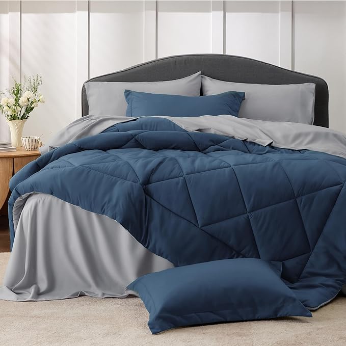 Bedsure Navy California King Comforter Set - 7 Pieces Reversible Bed Set, Bed in a Bag Cal King with Comforters, Sheets, Pillowcases & Shams - LeafyLoom