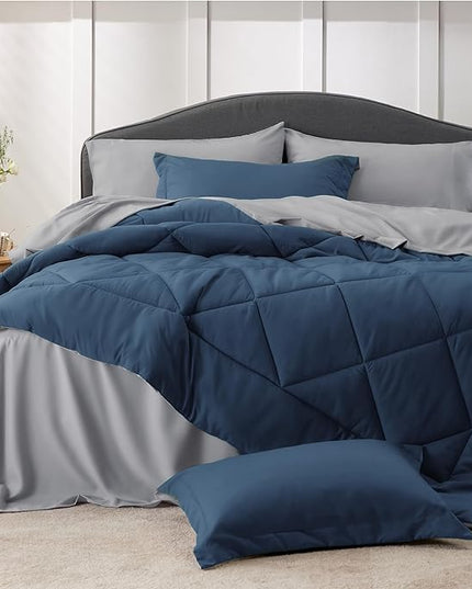 Bedsure Navy Full Size Bed in a Bag - 7 Pieces Reversible Comforter Set Full Bed Set with Comforters, Sheets, Pillowcases & Shams, Full Bedding Sets - LeafyLoom
