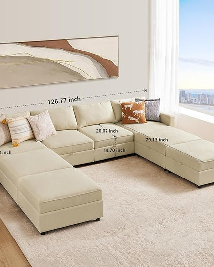 Sweetcrispy Convertible Sectional Sofa Couch, 8 Seat Sofa Set with Storage for Living Room, U-Shaped Modern Modular Sofa Sleeper with Reversible Chaise, Oversized Modular Sectional Sofa, Beige - LeafyLoom