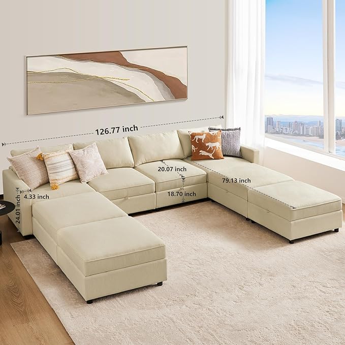 Sweetcrispy Convertible Sectional Sofa Couch, 8 Seat Sofa Set with Storage for Living Room, U-Shaped Modern Modular Sofa Sleeper with Reversible Chaise, Oversized Modular Sectional Sofa, Beige - LeafyLoom