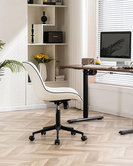 YOUNIKE Office Chair with Wheels Armless Desk Chair Swivel Rolling Task Chair with Back Upholstered Faux Leather Computer Chair Height Adjustable Modern Ergonomic Wide Seat White - LeafyLoom