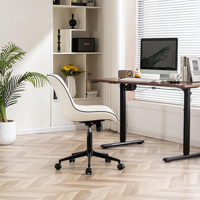 YOUNIKE Office Chair with Wheels Armless Desk Chair Swivel Rolling Task Chair with Back Upholstered Faux Leather Computer Chair Height Adjustable Modern Ergonomic Wide Seat White - LeafyLoom