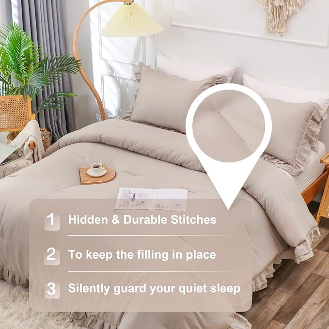 Wheat Double Ruffle Comforter Set Queen Size (90x90 Inch), 3 Pcs Farmhouse Vintage Comforter Set (1 Ruffled Comforter and 2 Pillowcase), Rustic All Season Down Alternative Bedding Set - LeafyLoom