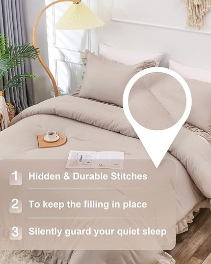 Wheat Double Ruffle Comforter Set Full Size (79x90 Inch), 3 Pcs Farmhouse Vintage Comforter Set (1 Ruffled Comforter and 2 Pillowcase), Rustic All Season Down Alternative Bedding Set - LeafyLoom