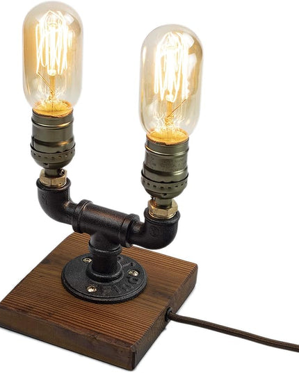 Steampunk Lamp with Dimmer, Dimmable Loft Style Industrial Vintage Antique Style Light with 2 Bulbs, Wood Base with Iron Piping Desk Lamp, Retro Desk Lamp LL-027 - LeafyLoom