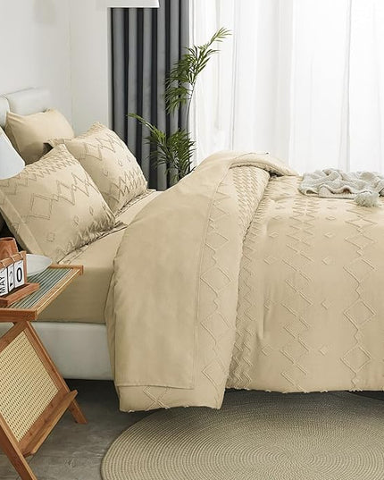 EMME Twin Comforter Set - 5 Pcs Beige Boho Bedding Sets, Tufted Comforter with Sheets, Shabby Chic Embroidery Twin Bed Set Fluffy Bed Bag for All Season(68"X90") - LeafyLoom