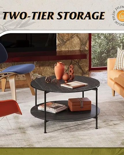 WLIVE Round Coffee Table, Rustic 2-Tier Circle Coffee Table with Open Storage Shelf, Industrial 32.6" Wood Round Center Table for Living Room, Bedroom, Home Office, Charcoal Black - LeafyLoom