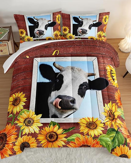 HOSIMA Farmhouse Animal Cow Comforter with 2 Pillowcases,Wooden Decor Terracotta Comforter for Adults Teens,Cow Print Bedding Room Decor,Sunflower Full Size Comforter Set. - LeafyLoom
