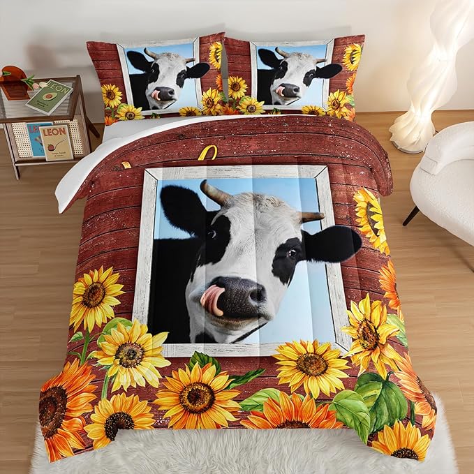 HOSIMA Farmhouse Animal Cow Comforter with 2 Pillowcases,Wooden Decor Terracotta Comforter for Adults Teens,Cow Print Bedding Room Decor,Sunflower Full Size Comforter Set. - LeafyLoom