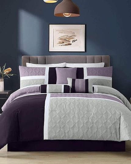 Chezmoi Collection Upland 7-Piece Quilted Patchwork Comforter Set, Lavender/Gray/Purple, California King - LeafyLoom
