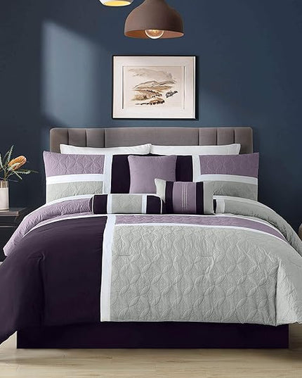 Chezmoi Collection Upland 7-Piece Quilted Patchwork Comforter Set, Lavender/Gray/Purple, Queen - LeafyLoom