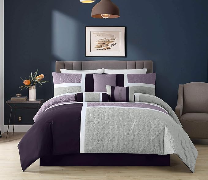 Chezmoi Collection Upland 7-Piece Quilted Patchwork Comforter Set, Lavender/Gray/Purple, Queen - LeafyLoom