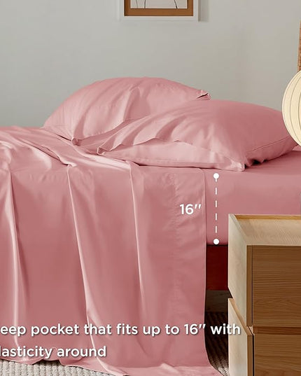 Bedsure King Size Sheet Set, Cooling Sheets King, Rayon Derived from Bamboo, Deep Pocket Up to 16", Breathable & Soft Bed Sheets, Hotel Luxury Silky Bedding Sheets & Pillowcases, Blush Pink - LeafyLoom