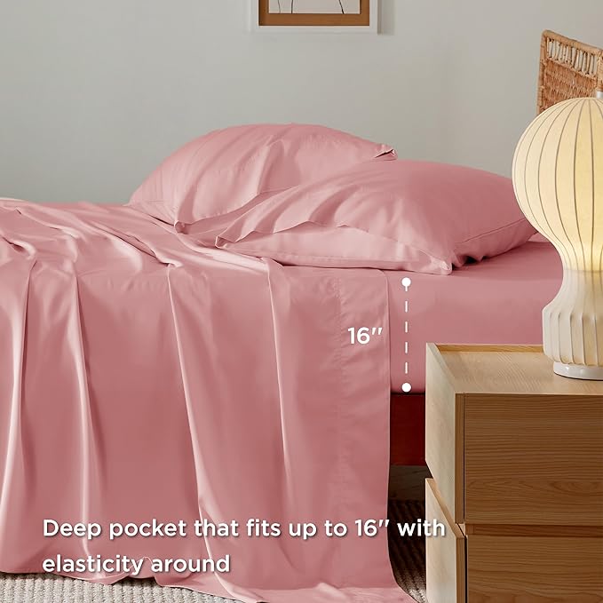 Bedsure King Size Sheet Set, Cooling Sheets King, Rayon Derived from Bamboo, Deep Pocket Up to 16", Breathable & Soft Bed Sheets, Hotel Luxury Silky Bedding Sheets & Pillowcases, Blush Pink - LeafyLoom