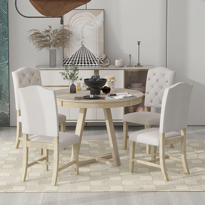 Retro Style 5-Piece Extendable Dining Round Functional Kitchen Table Set with 16" W Leaf and 4 Upholstered Chairs-Ideal for Breakfast Nook or Living Room-Natural - LeafyLoom
