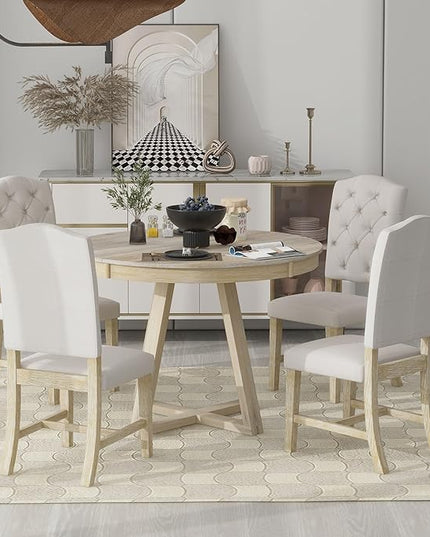 5-Piece Extendable Dining, Retro Round Functional Kitchen Table Set with a 16" W Leaf and 4 Upholstered Chairs for Kithchen Living Room, Natural - LeafyLoom