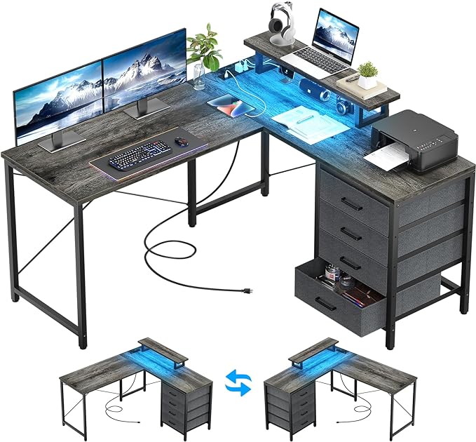 Homieasy L Shaped Desk with Drawers & Power Outlets, Reversible Computer Desk with LED Light and Monitor Stand, 50 Inch Home Office Gaming Work Study Desk with 4 Storage Drawers, Black Oak - LeafyLoom
