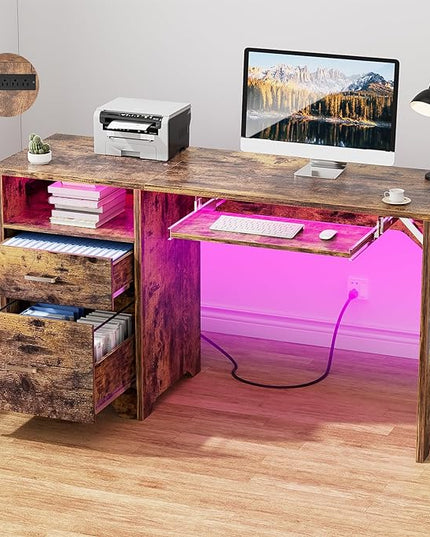 Office Desk with File Cabinet, 55 Inch Reversible Computer Desk with Smart LED Light and Power Outlet, Sturdy Gaming Desk with Keyboard Tray & Storage Drawers, Easy to Assemble, Rustic Brown - LeafyLoom