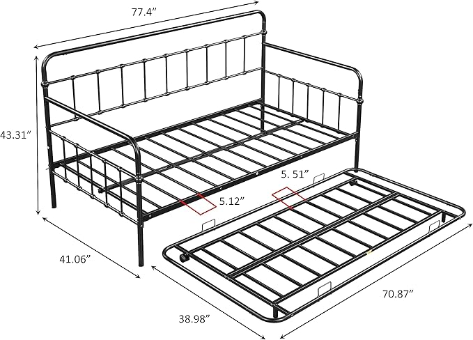 Twin Size Bed W/Slats,Metal Frame Daybed with Trundle and Anti-Noise Design,Space-Saving & Easy to Install,for Living Room Bedroom Apartment,Black - LeafyLoom
