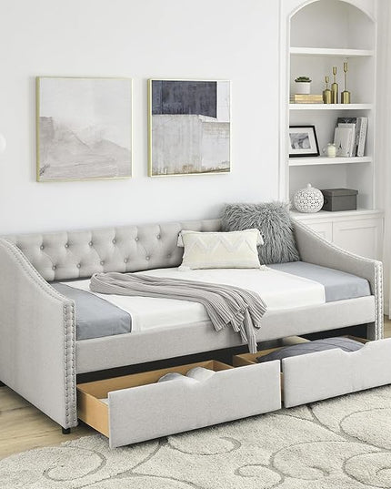 Upholstered Twin Size Daybed with Two Storage Trundle Drawers, Solid Wooden Bed Frame w/Button Tufted Backrest, No Box Spring Needed, for Kids, Bedroom, Dorm - LeafyLoom