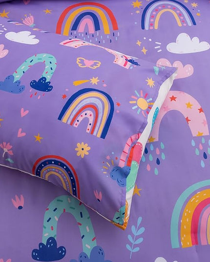 Btargot Lightweight Soft 3 Piece Rainbow Comforter Set with 2 Pillow Covers, Cartoon Love Hearts Flowers and Sun Star Bedding Set for Girls Boys Kids, Twin Dark Purple - LeafyLoom