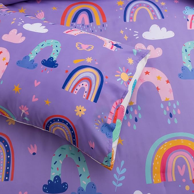 Btargot Lightweight Soft 3 Piece Rainbow Comforter Set with 2 Pillow Covers, Cartoon Love Hearts Flowers and Sun Star Bedding Set for Girls Boys Kids, Twin Dark Purple - LeafyLoom